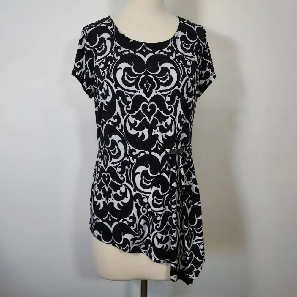 INC International Concepts Shirt Top Womens Large Asymmetrical Hem Black White - Picture 2 of 12